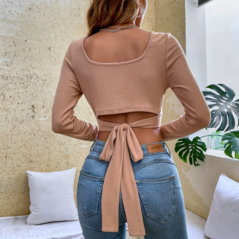 ZARA Slim Fit Casual Tie Front Cropped Stretchy Square Neck Long Sleeve Tee